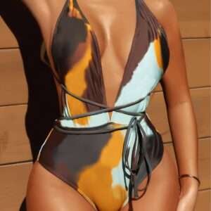 Women One-Piece Lace Up Dyed Swimsuit